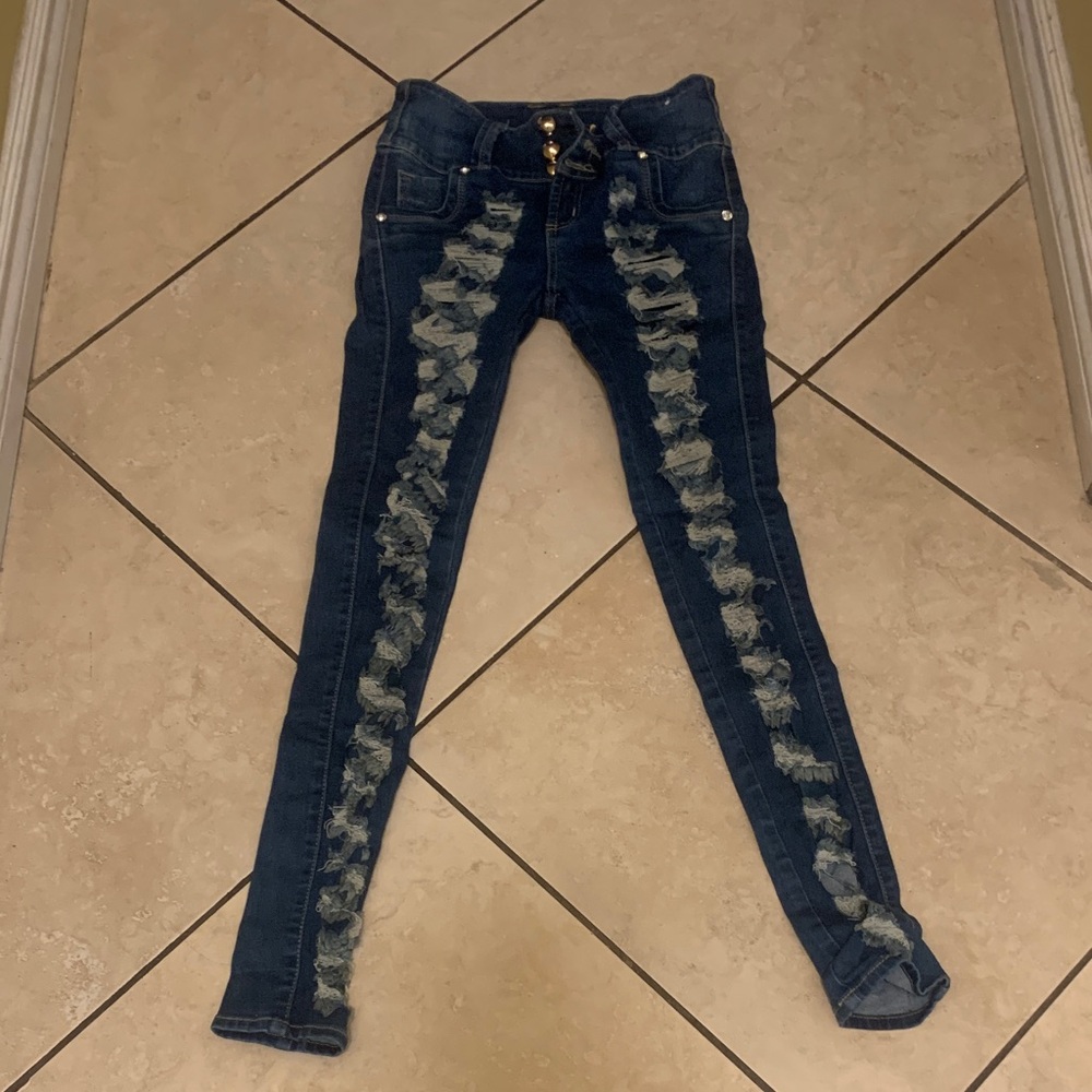 Colombian Revel Blue Distressed Skinny Jeans